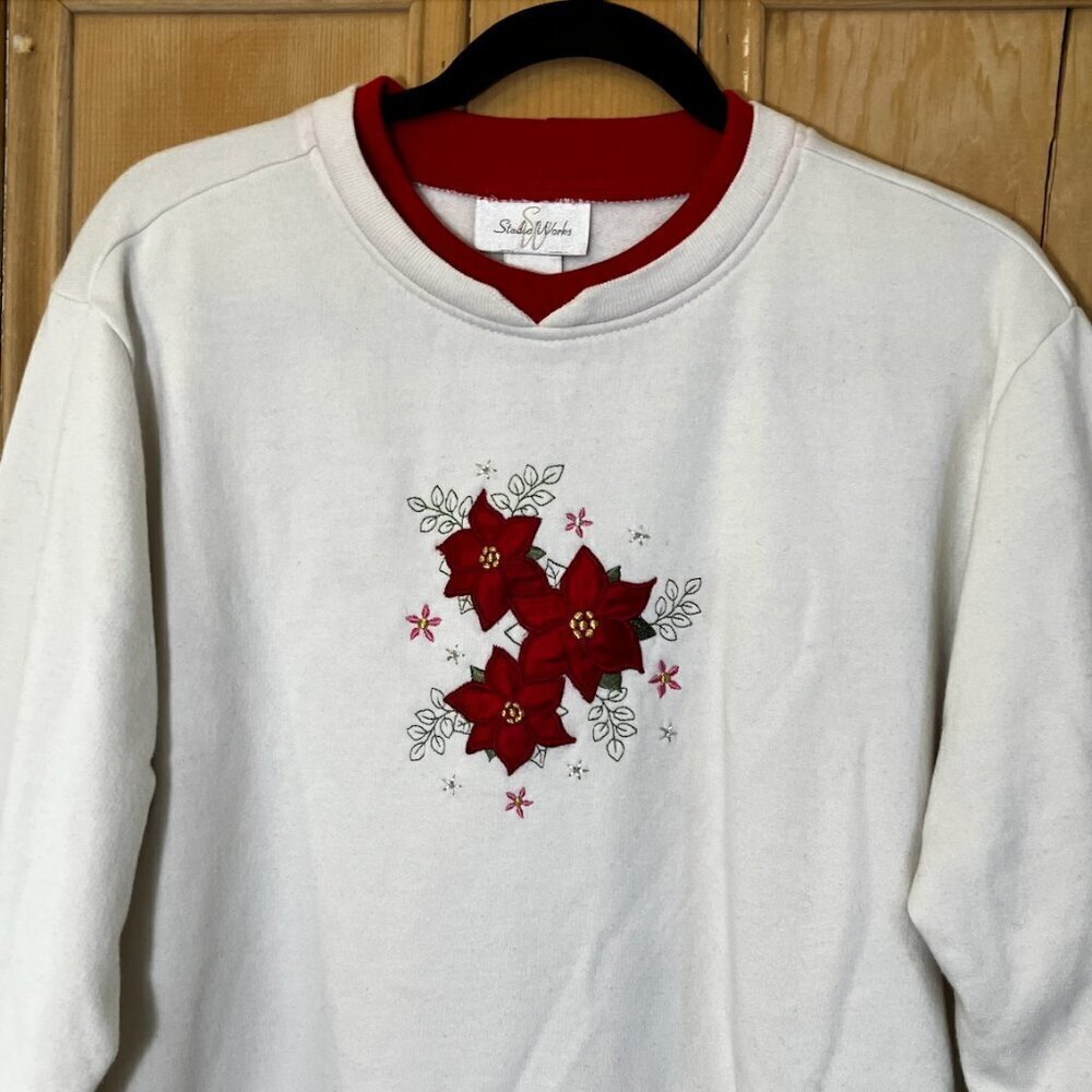 Studio Works Womens Vintage 90s Christmas Flowers Sweatshirt Large White XM EXC